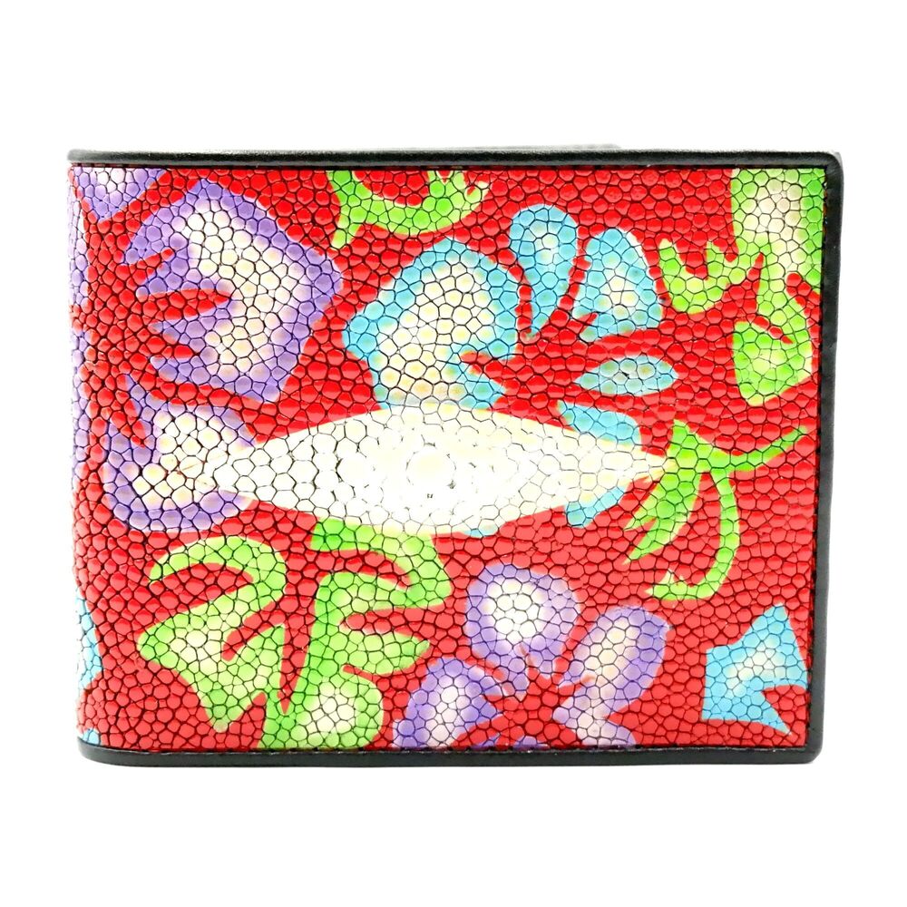 1496 Foral Red New Real Stingray Leather Skin Bi-fold Wallet.